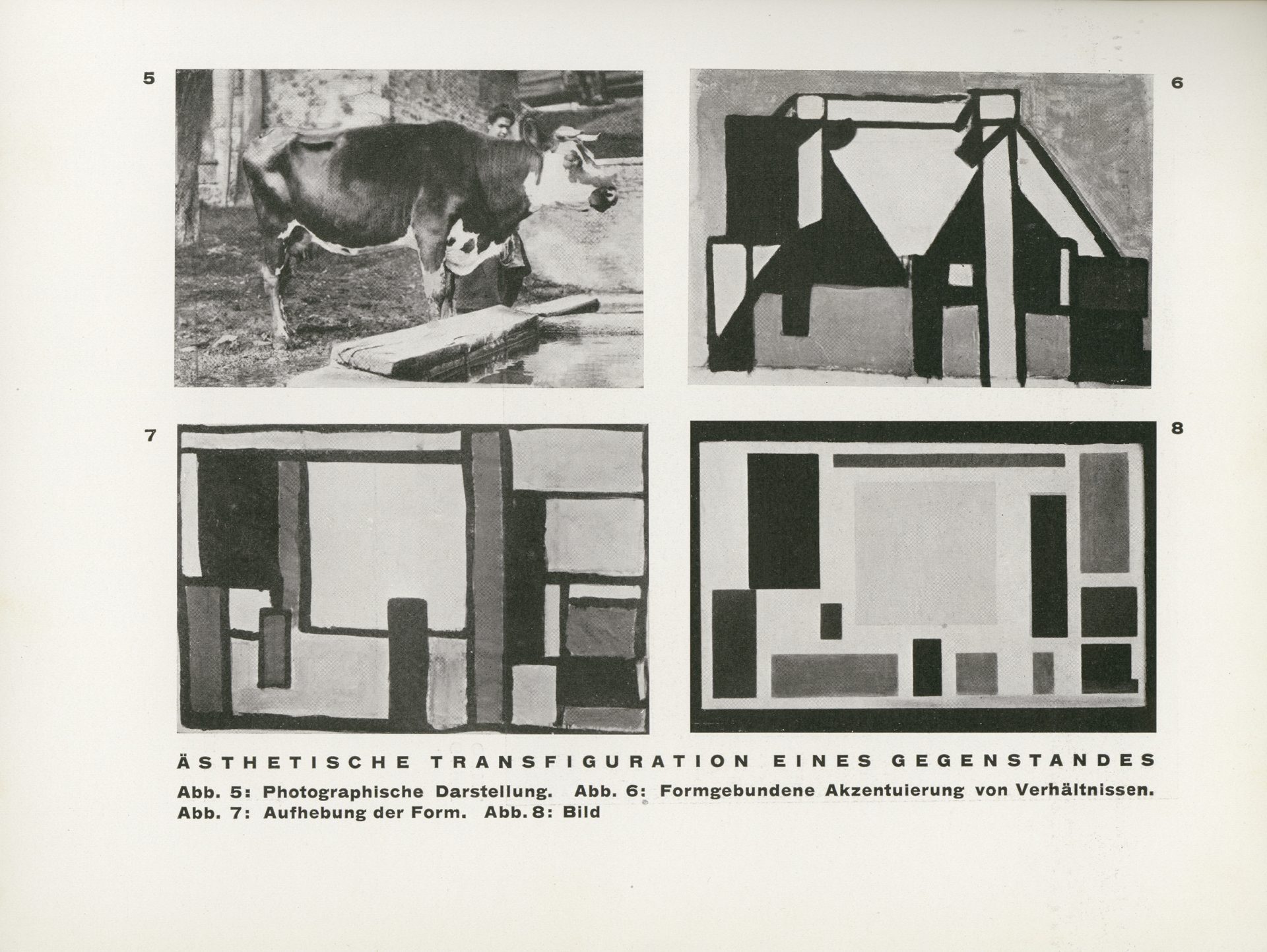 Four images showing a cow and abstract geometric interpretations of objects. Text references artistic transformation techniques.