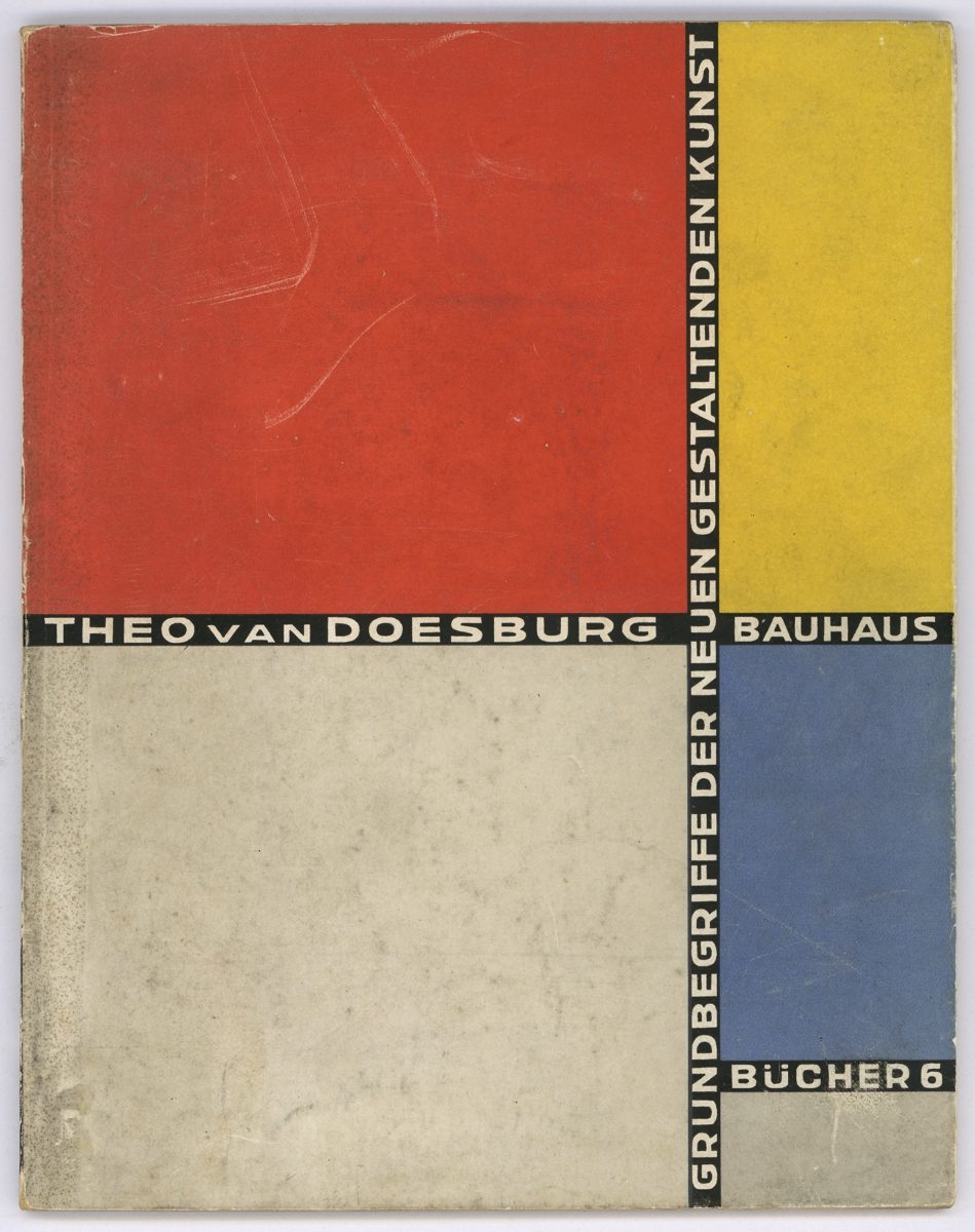 Book cover by Theo van Doesburg featuring geometric shapes in red, yellow, blue, and white, with Bauhaus text.