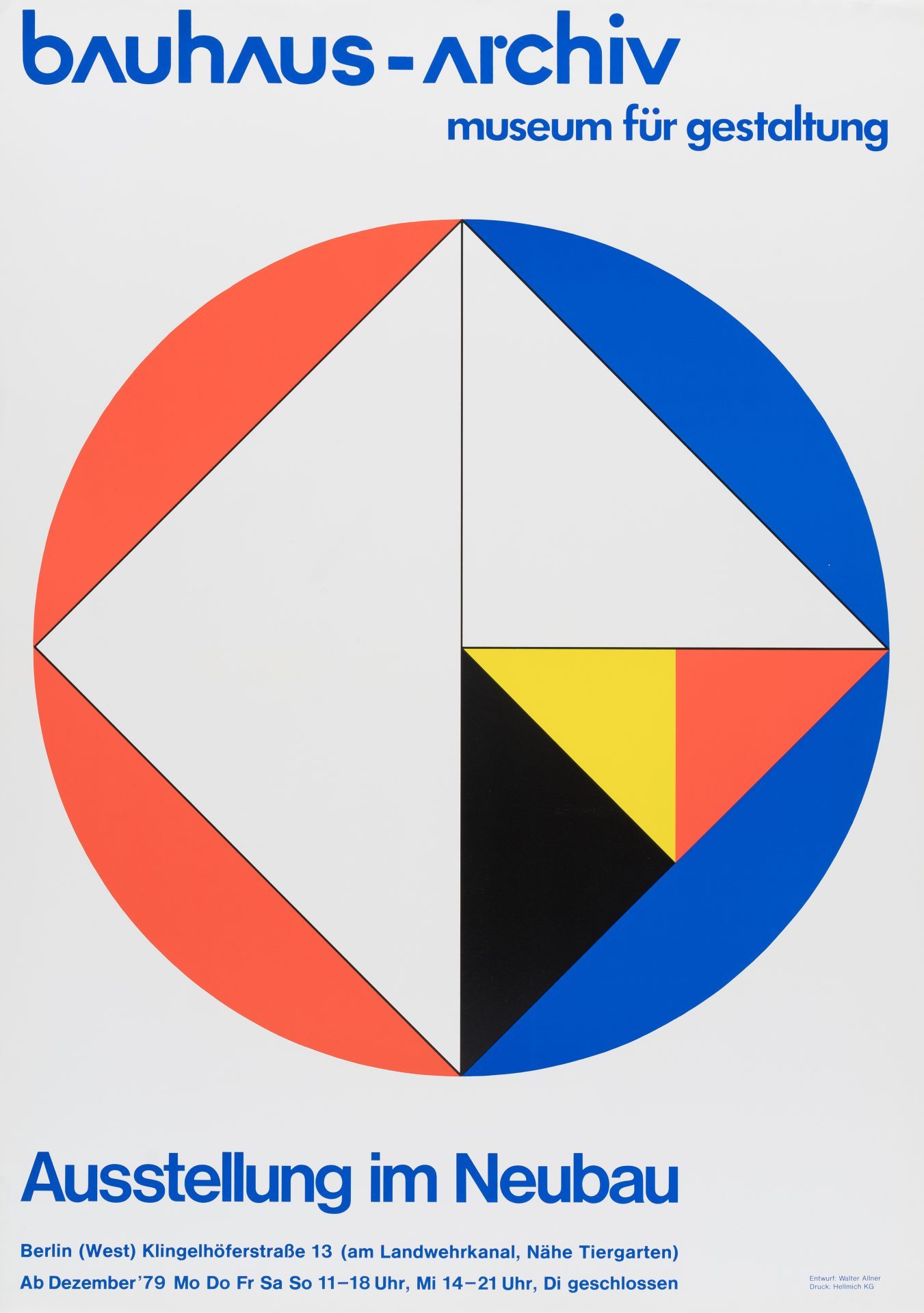 Bauhaus-Archiv Poster mit geometrischen Formen in Rot, Blau, Schwarz und Weiß in einem großen Kreis. Blauer Schriftzug mit Ausstellungsankündigung.