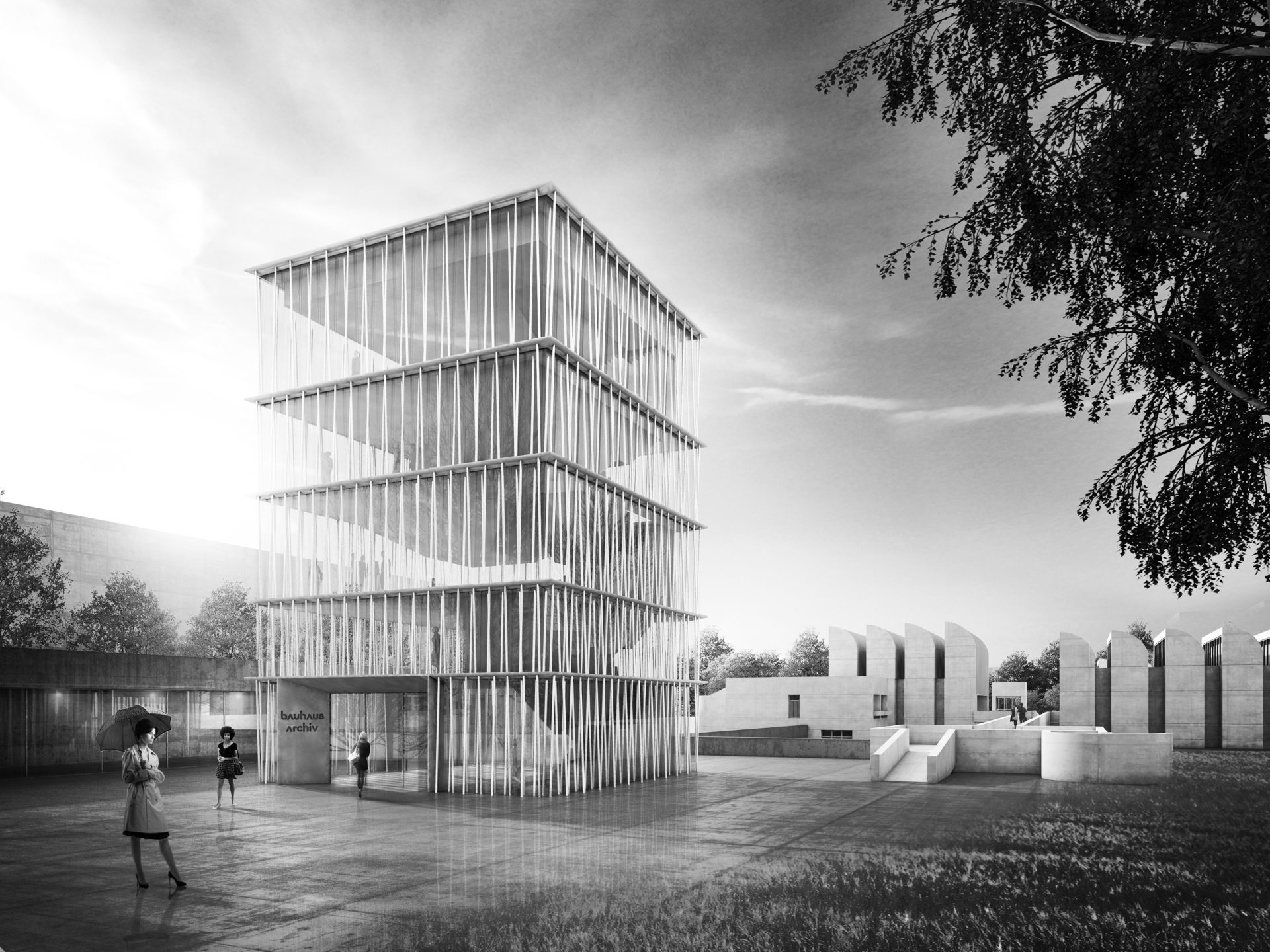 Moderne Architektur: ein hohes, gestapeltes Gebäude aus Glas und Holz, eingebettet in eine grüne Landschaft.