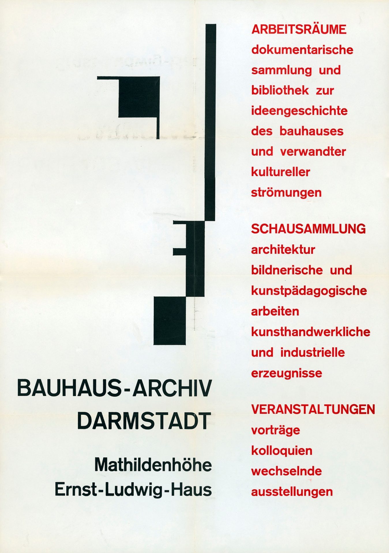 Poster des Bauhaus-Archivs Darmstadt mit Infos zu Arbeitsräumen, Sammlungen und Veranstaltungen.