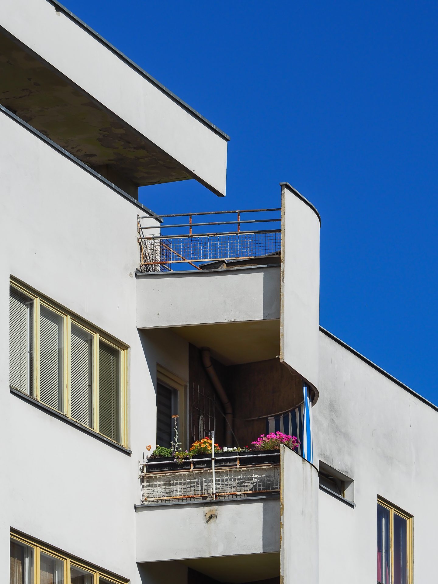 Modernes Wohngebäude mit Balkon, blauem Himmel, klaren Linien und Pflanzen auf dem Balkon.