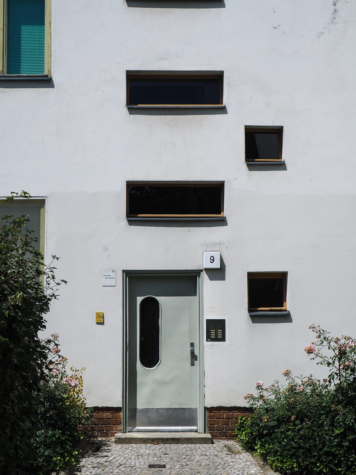 Moderne Hausfassade mit gläserner Tür und asymmetrischen Fenstern, umgeben von Pflanzen in einem grünen Umfeld.