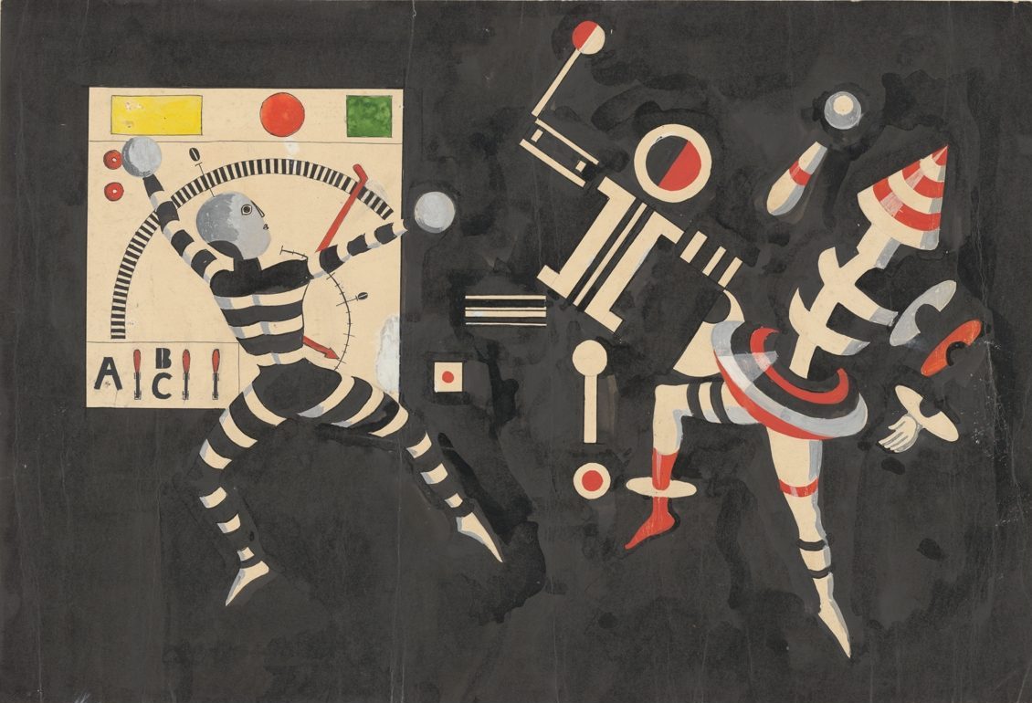 Abstrakte Illustration mit geometrischen Formen, einer schachbrettartigen Figur und einer dynamischen, stilisierten Gestalt.