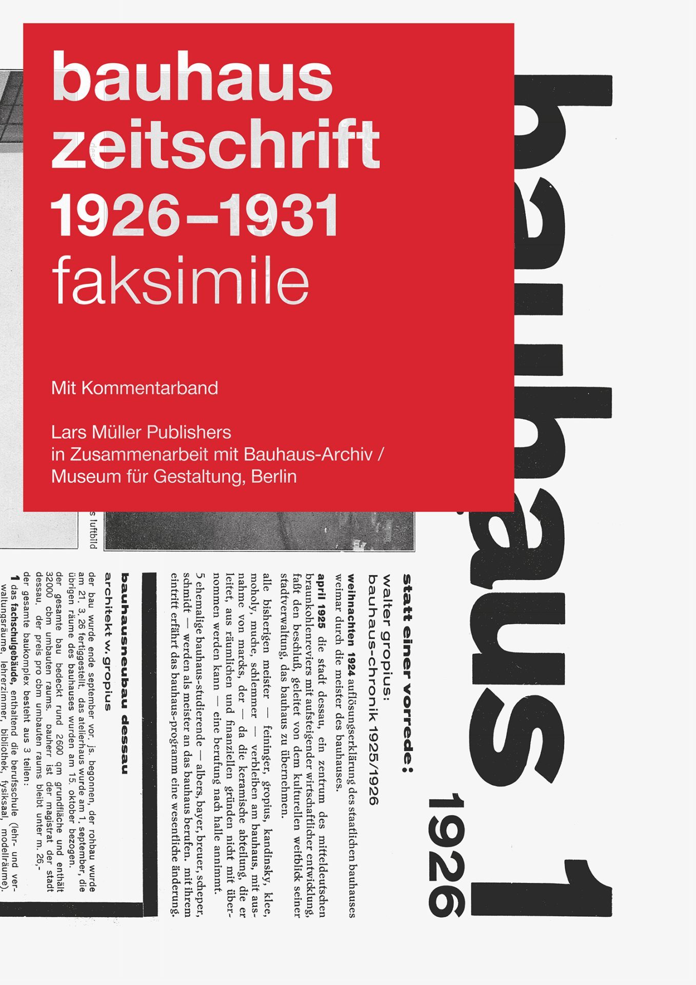 Cover der Bauhaus-Zeitschrift 1926-1931 mit rotem Titel und faksimilierten Texten.