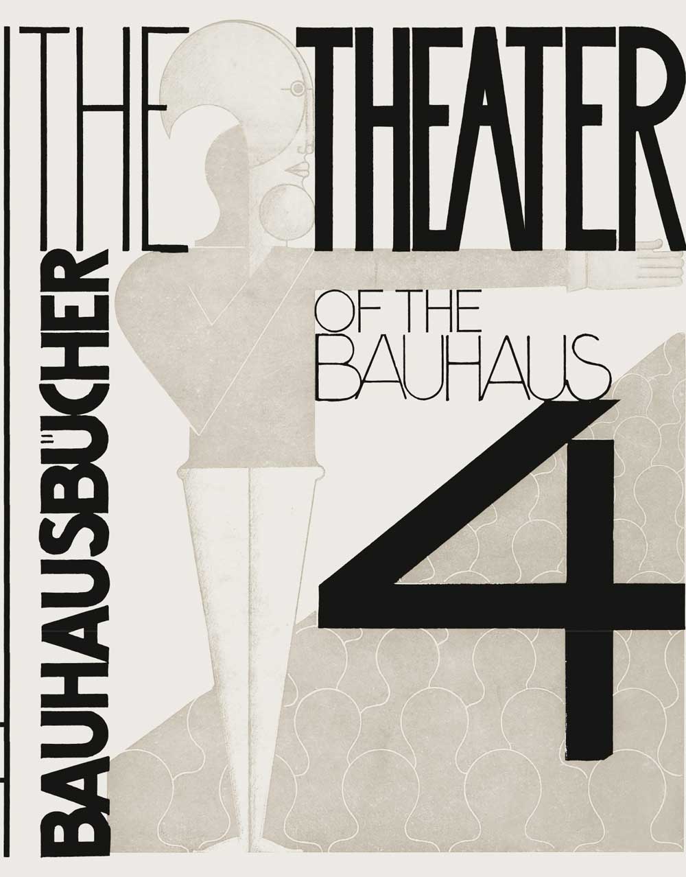 Grafik mit dem Titel „Theater des Bauhauses“ aus der Reihe „Bauhausbücher“, gestaltet mit geometrischen Formen und Typografie.