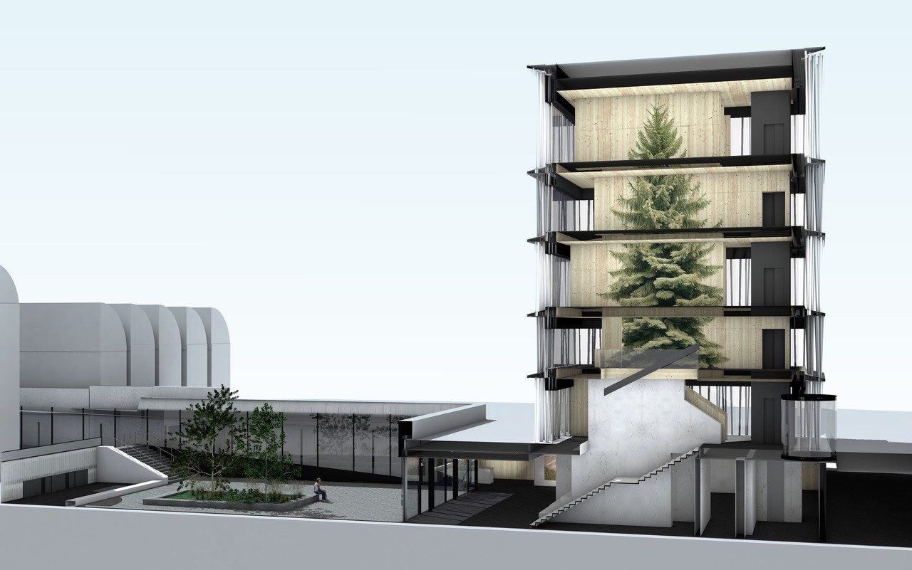 Moderne Architektur mit mehreren Etagen und integrierten Bäumen, umgeben von begrünten Flächen.