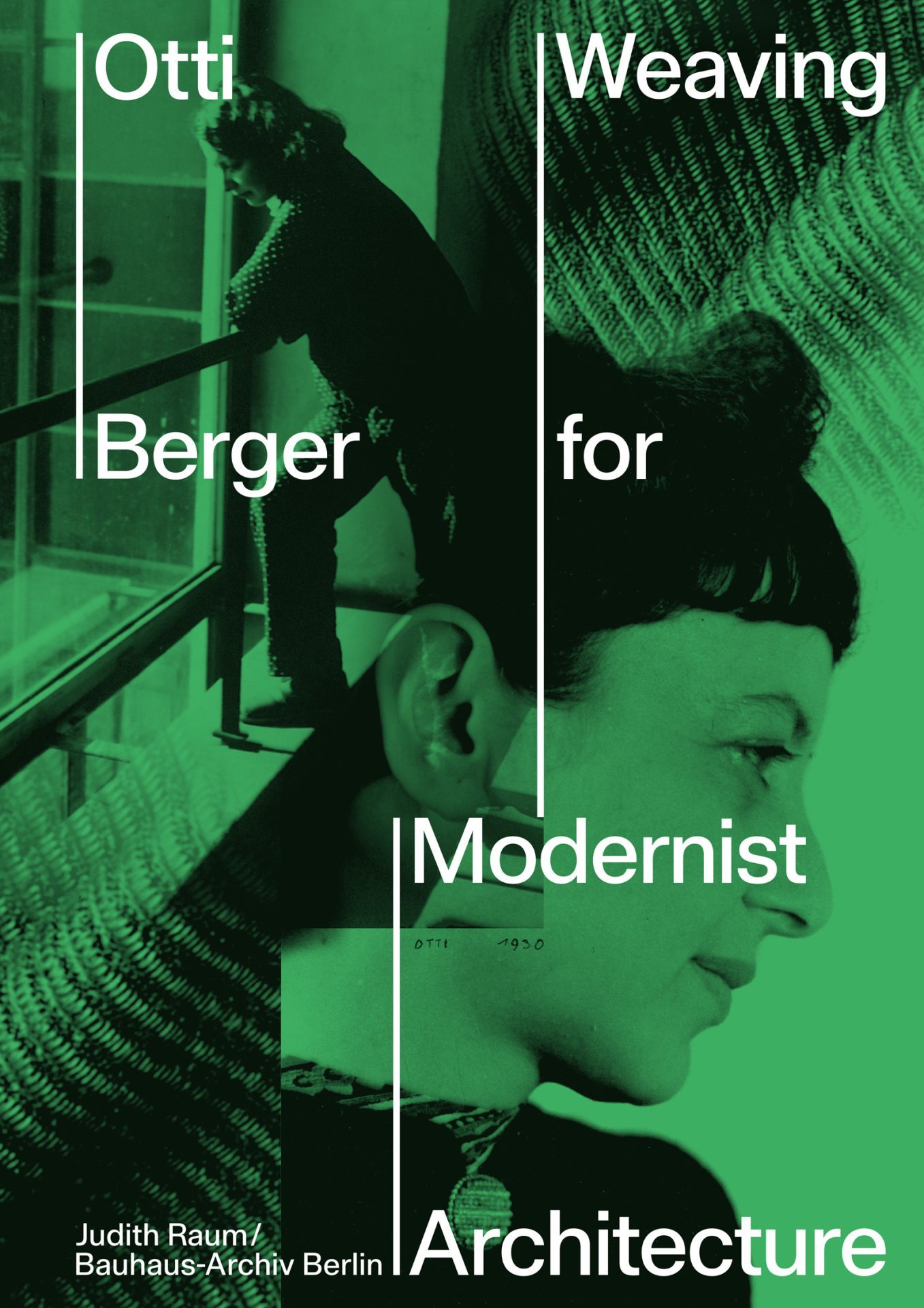 Grafik mit grünem Hintergrund, Schriftzug „Otti Berger Weben für die moderne Architektur“ und einem Porträt einer Frau.