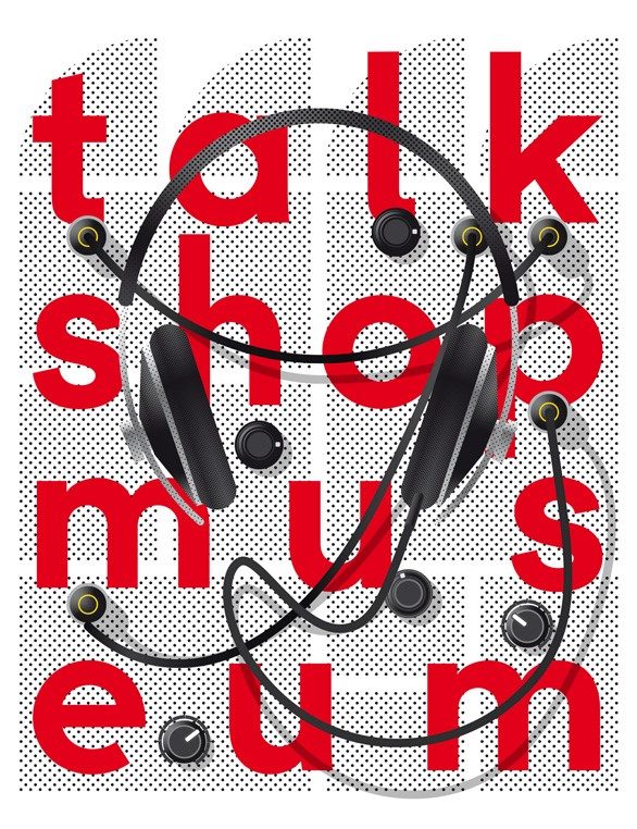 Grafik mit Kopfhörern und roter Schrift "talk shop mus.e.um" auf gepunktetem Hintergrund.