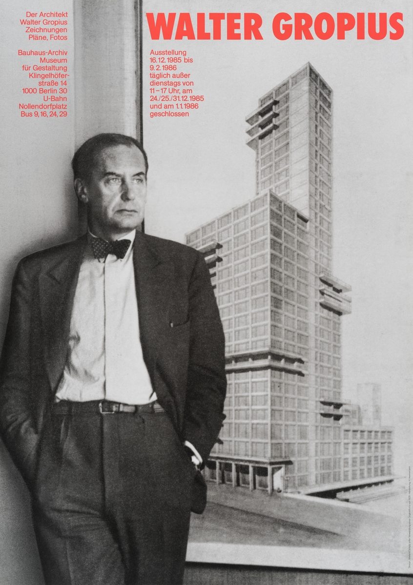 Porträt von Walter Gropius vor einem modernen Gebäude, umgeben von Text und grafischen Elementen.