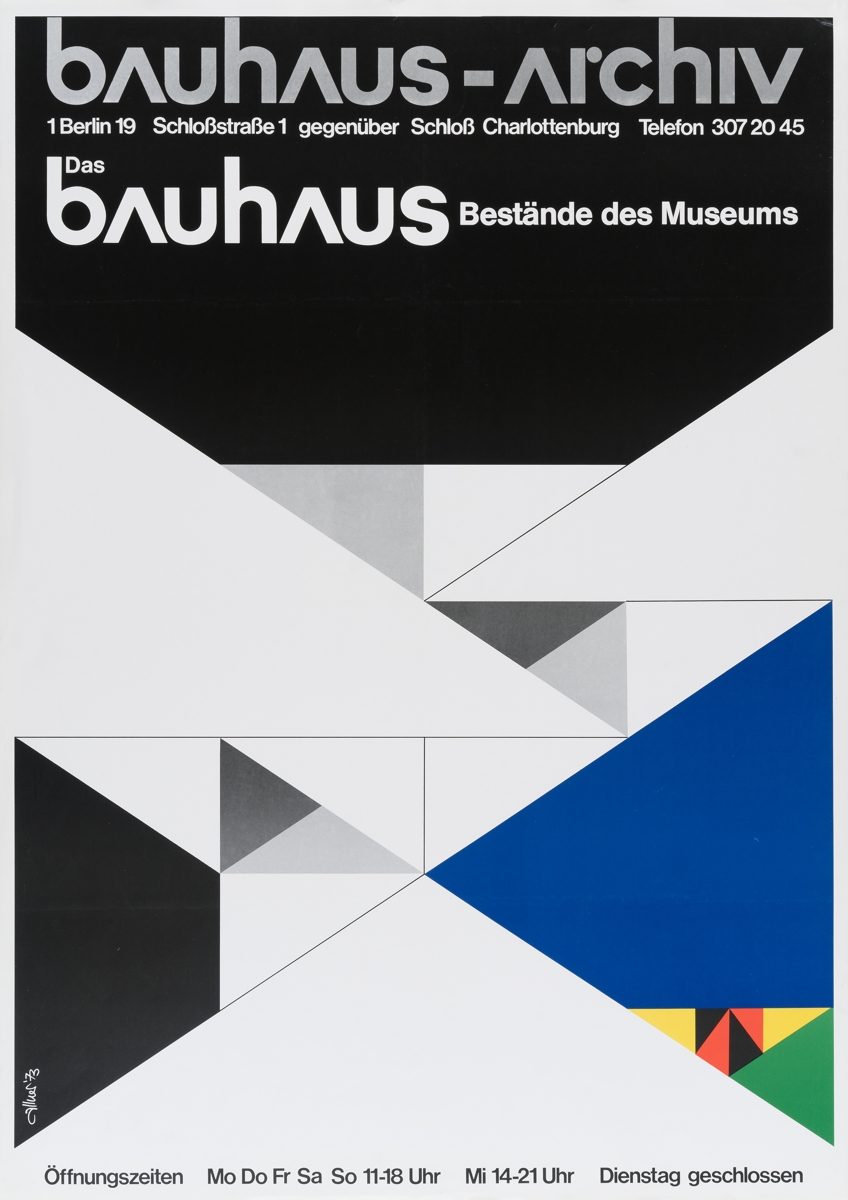 Plakat für das Bauhaus-Archiv in Berlin, mit geometrischen Formen und Informationen zu Öffnungszeiten.