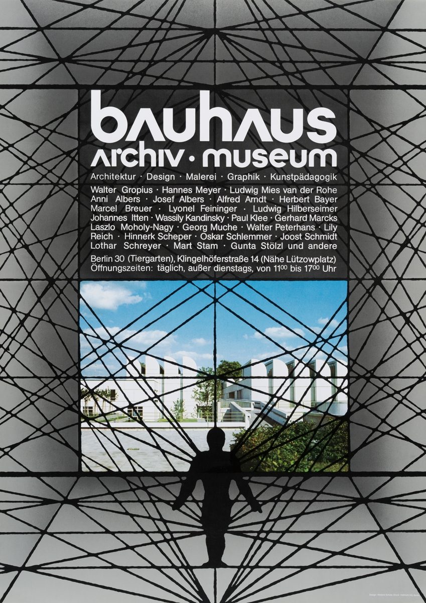 Poster des Bauhaus Archivs mit Infos zu Architektur, Design und aktuellen Ausstellungen im modernen Grafikstil.
