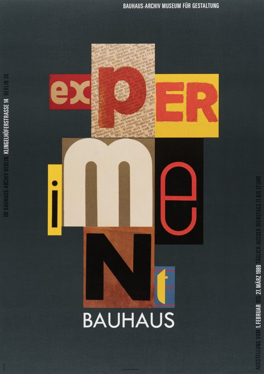 Plakat zur Bauhaus-Ausstellung, gestaltet mit bunten Buchstaben und origamiähnlichen Hintergründen.