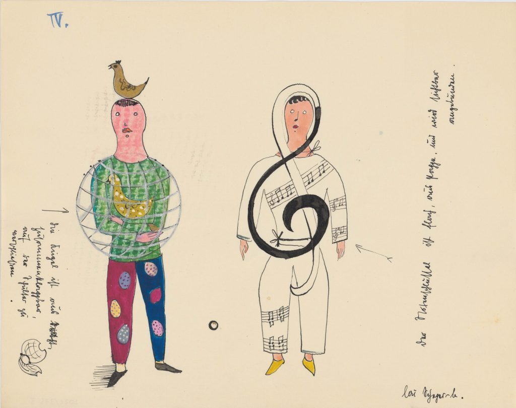 Illustration von zwei Figuren: Eine mit Vogel auf dem Kopf, die andere mit geschwungener Note, kunstvolle Details, bunte Kleidung.