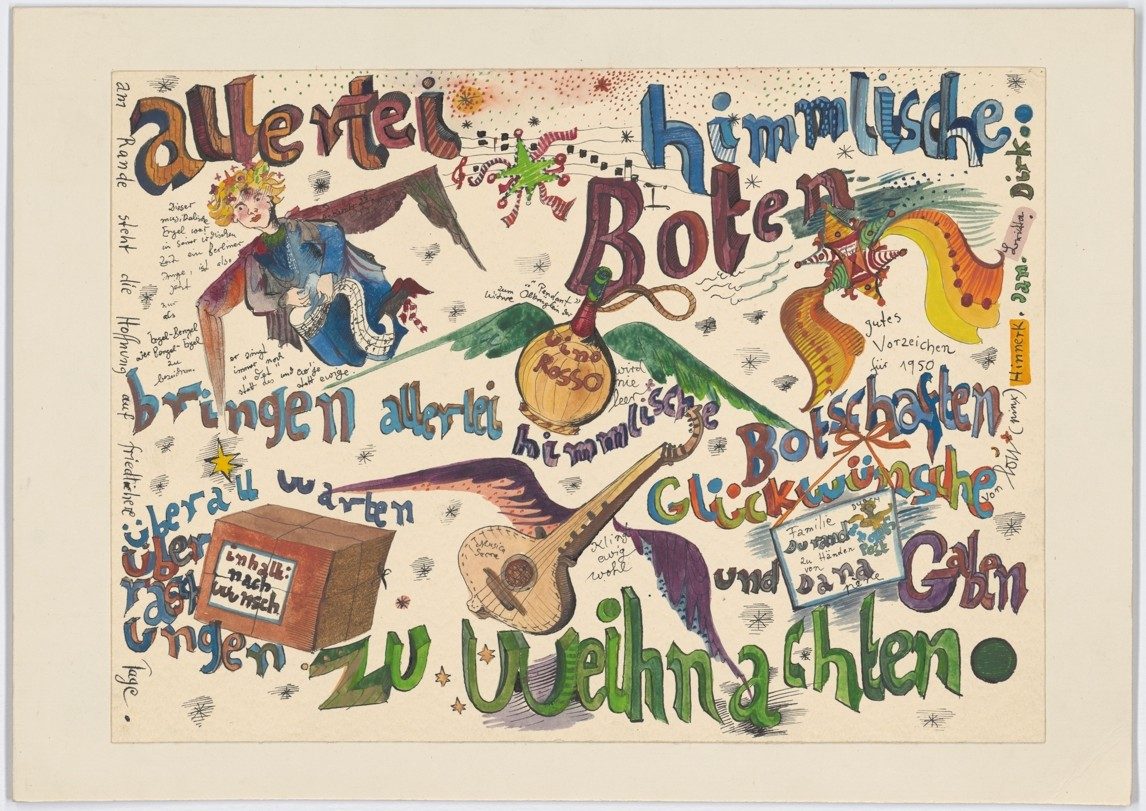 Bunte Illustration mit Engeln, Noten und Texten, die Freude und himmlische Botschaften thematisiert.