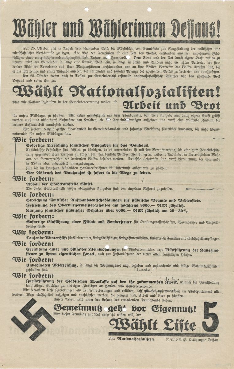 Wahlaufruf der Nationalsozialisten mit Forderungen zu Arbeit, Bau und sozialen Themen in Defans.