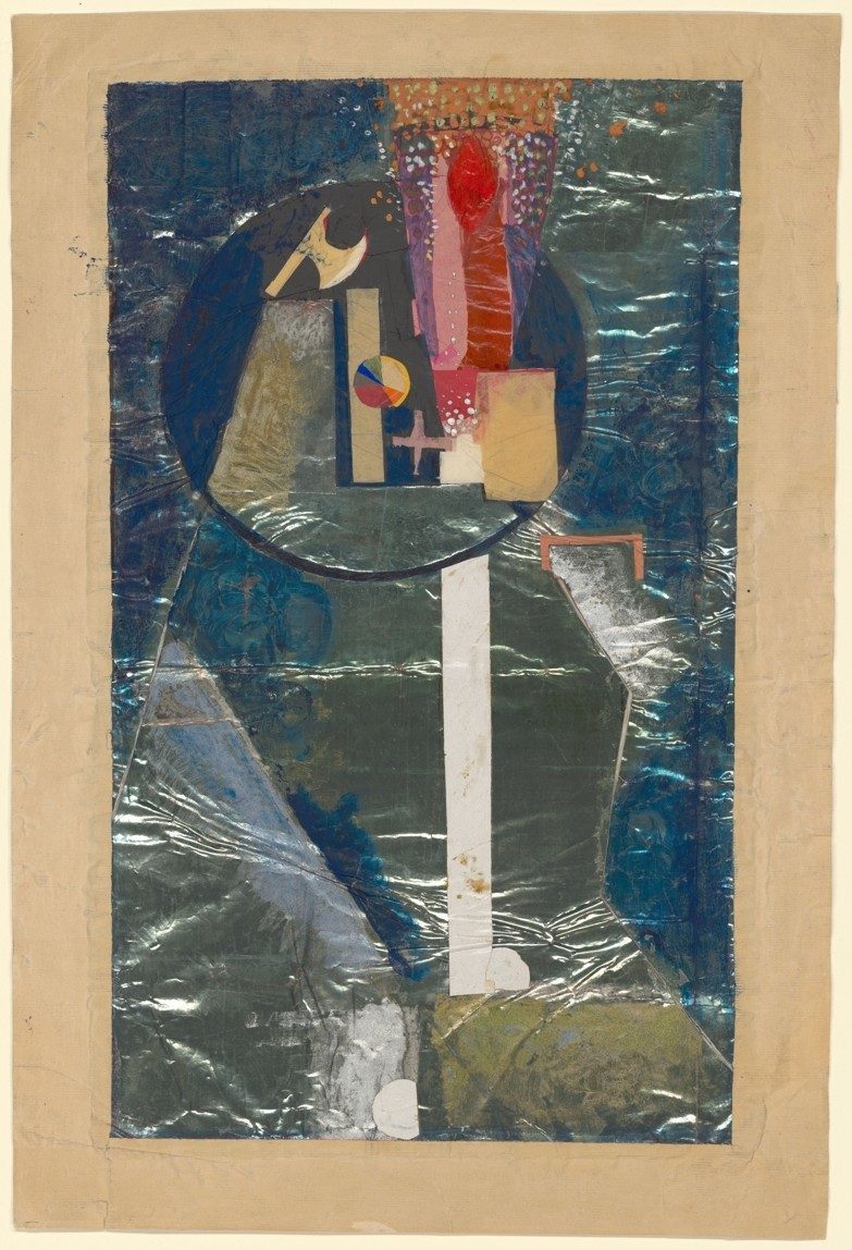 Abstrakte Collage mit bunten Formen, Texturen und Schichten in Blau-, Rot- und Erdtönen auf Papier.