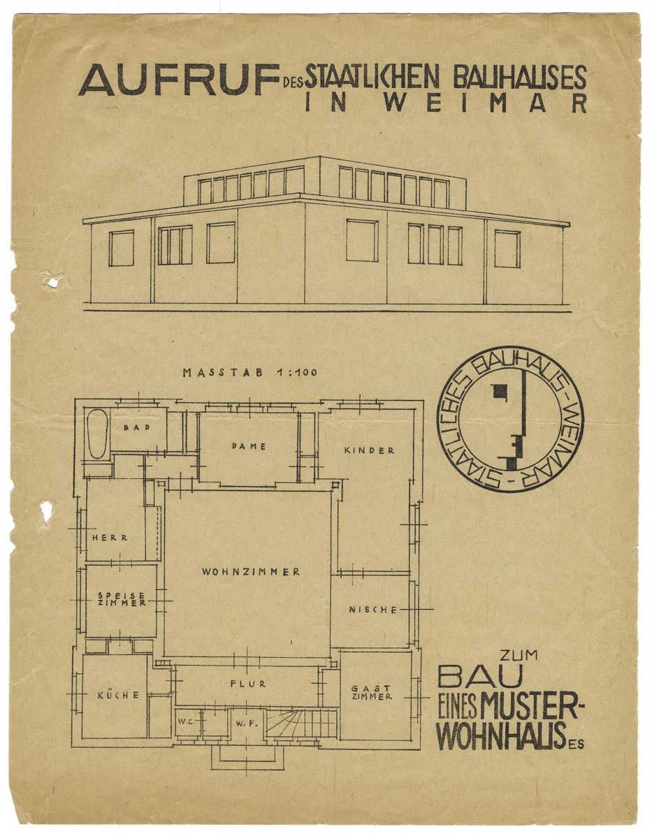 Architektonischer Entwurf eines Musterwohnhauses vom Bauhaus in Weimar, inkl. Grundriss und Fassadendarstellung.