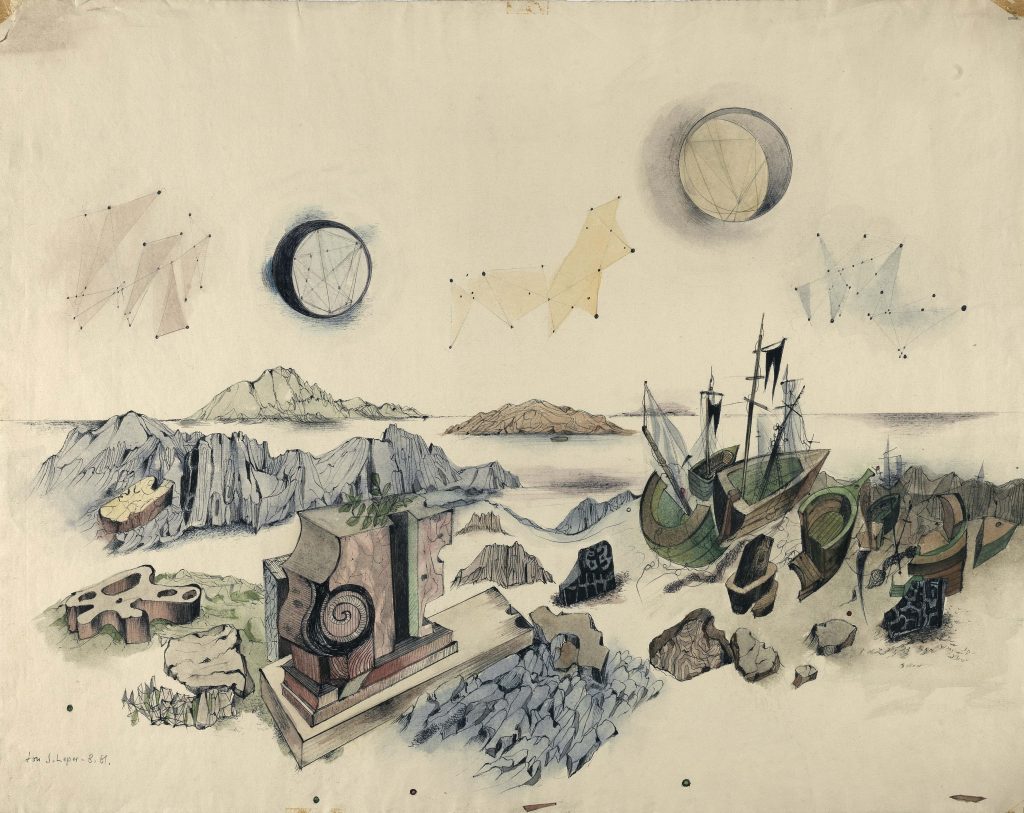 Surrealistische Landschaft mit Schiffen, Felsen und geometrischen Formen in sanften Farben dargestellt.