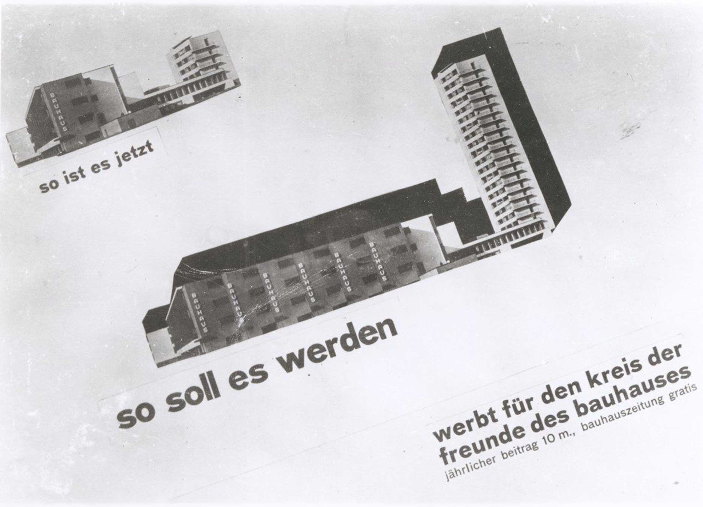 Architectural design illustration showing a transformation plan with text in German, promoting Bauhaus ideals.