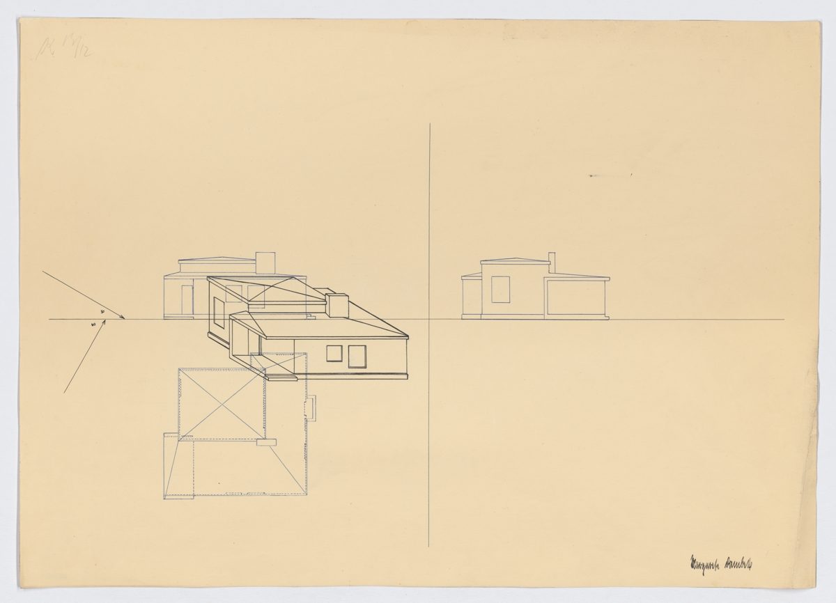 Architektonische Skizze mit verschiedenen Ansichten von Gebäuden auf beige-hintergrund.