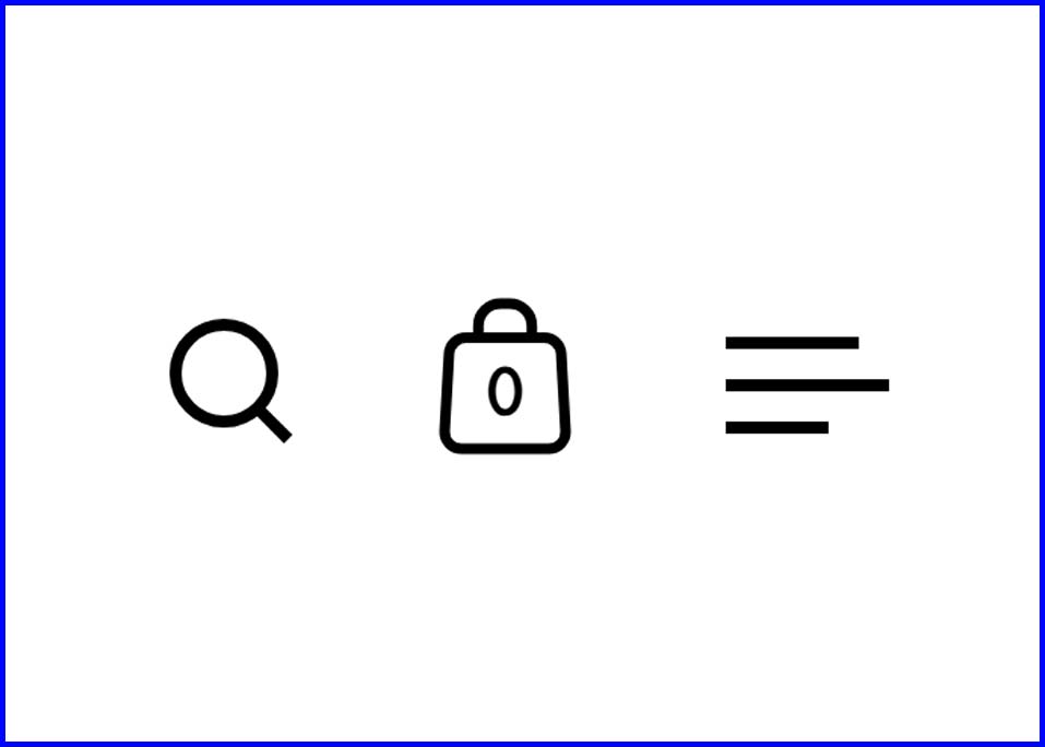 Drei Symbole: Lupe (Suche), Schloss (Sicherheit) und drei Balken (Menü).